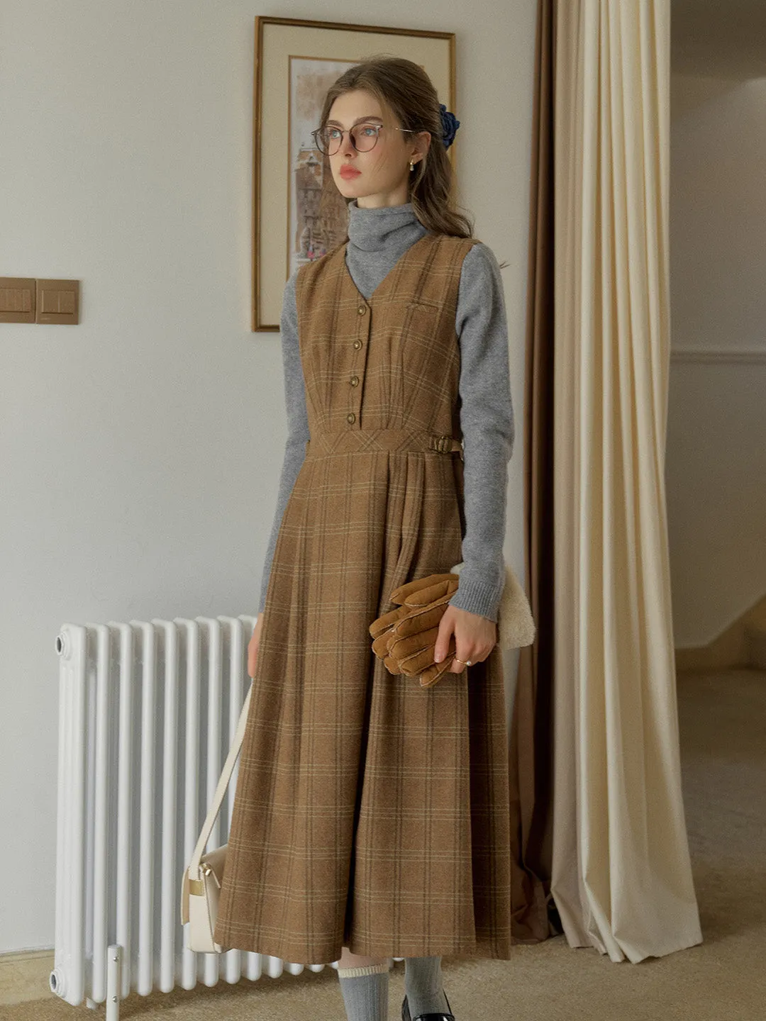 Avayah V-neck Brown Plaid Sleeveless Pocket Wool Dress