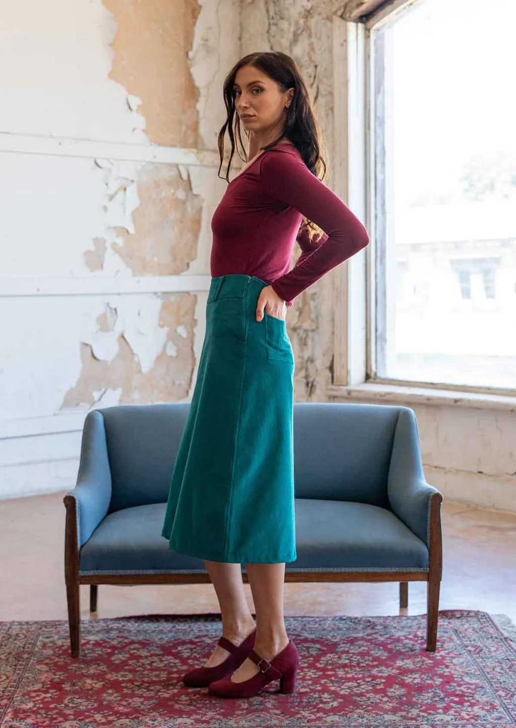Belt Loop Corduroy Skirt Everglade
