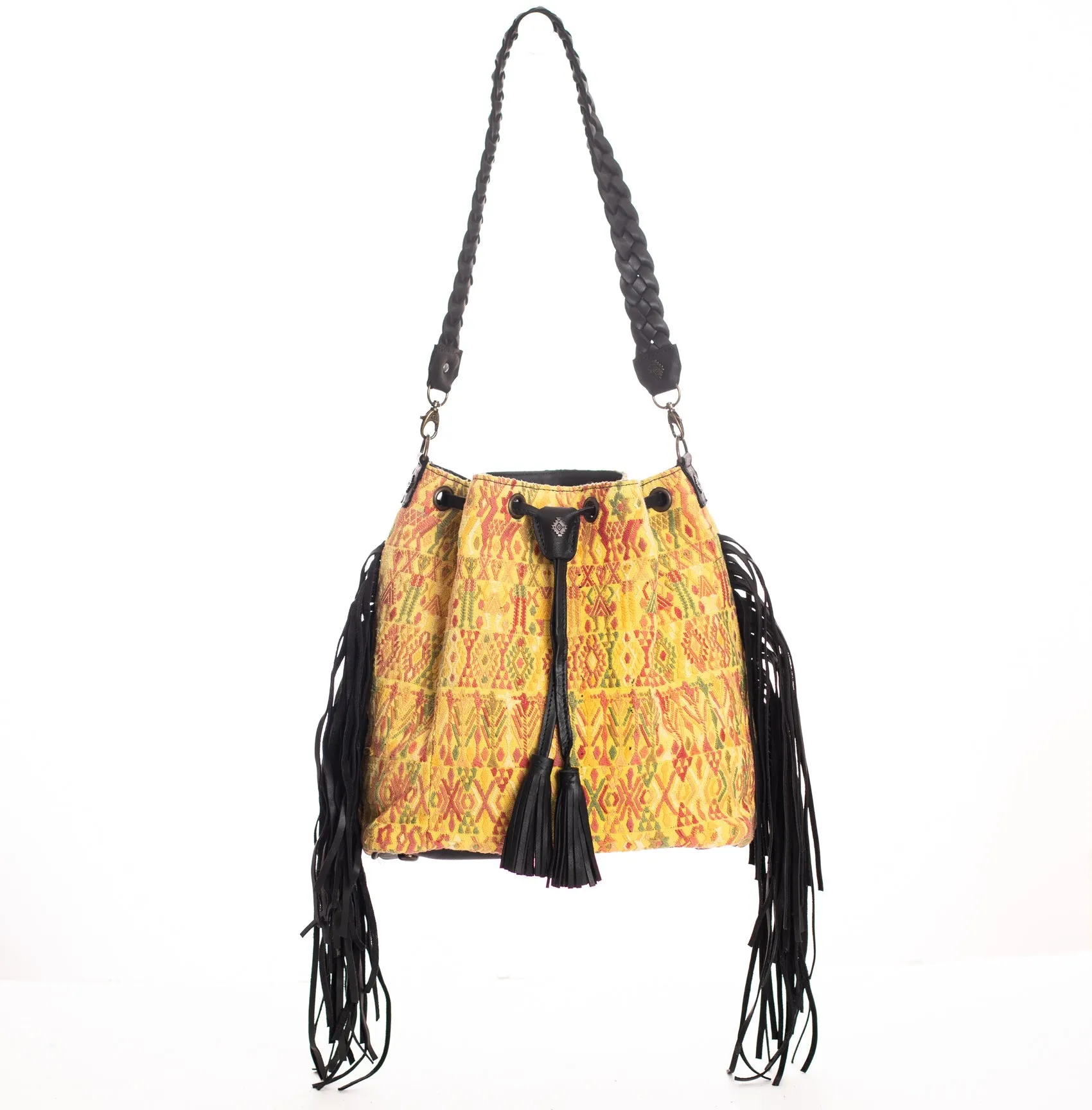 **CLOSEOUT** DRAWSTRING FRINGE BUCKET BAG - OOAK HUIPIL - BLACK - NO. 24152