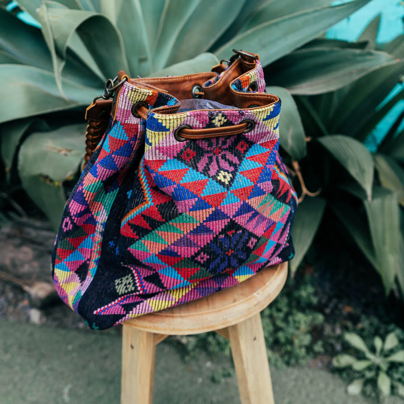 DRAWSTRING BUCKET BAG - OOAK HUIPIL - CAFE - NO. 15693