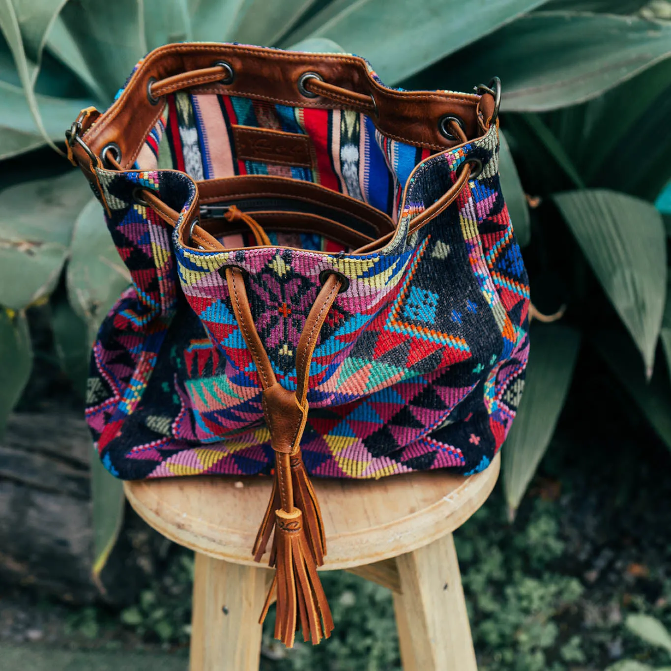 DRAWSTRING BUCKET BAG - OOAK HUIPIL - CAFE - NO. 15693