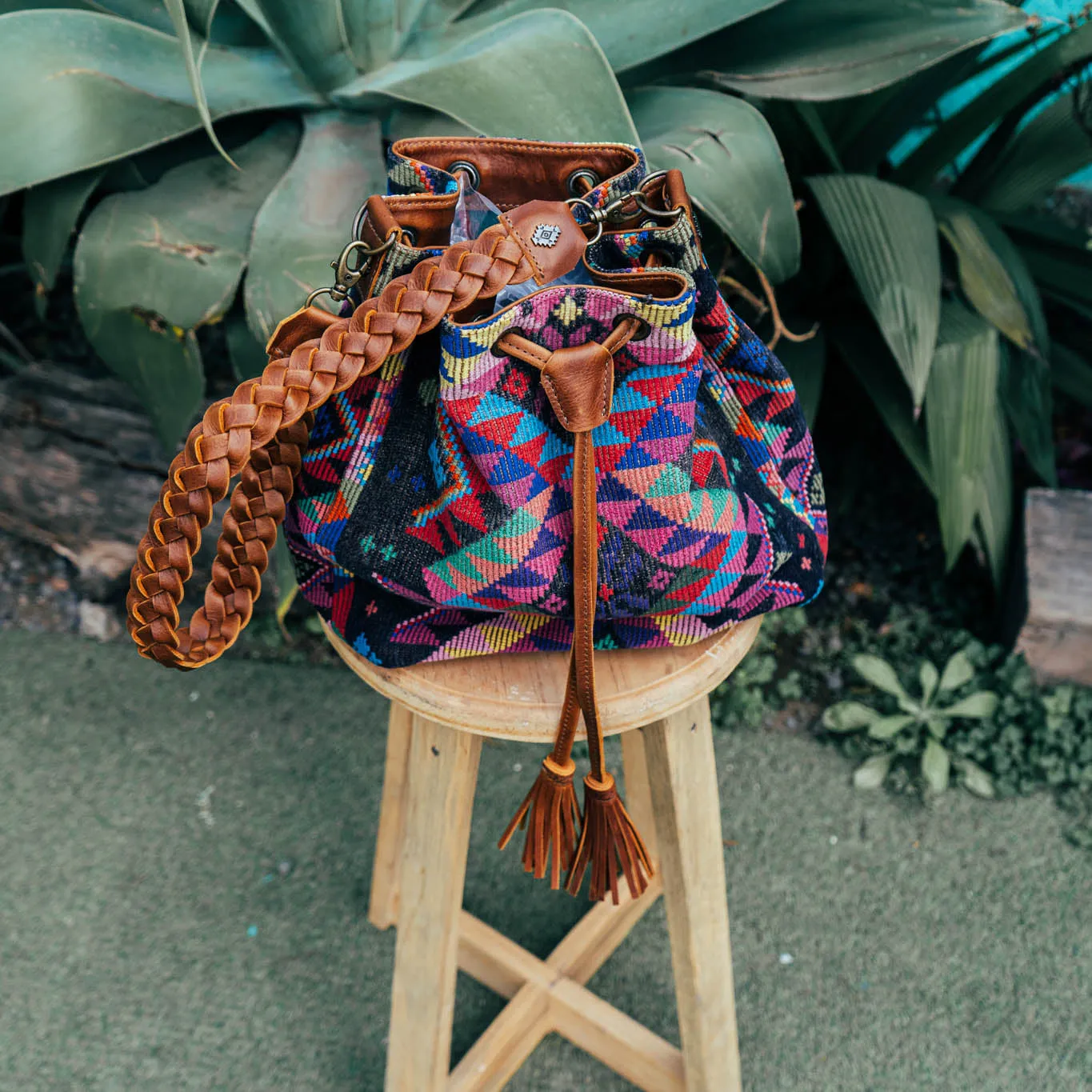 DRAWSTRING BUCKET BAG - OOAK HUIPIL - CAFE - NO. 15693