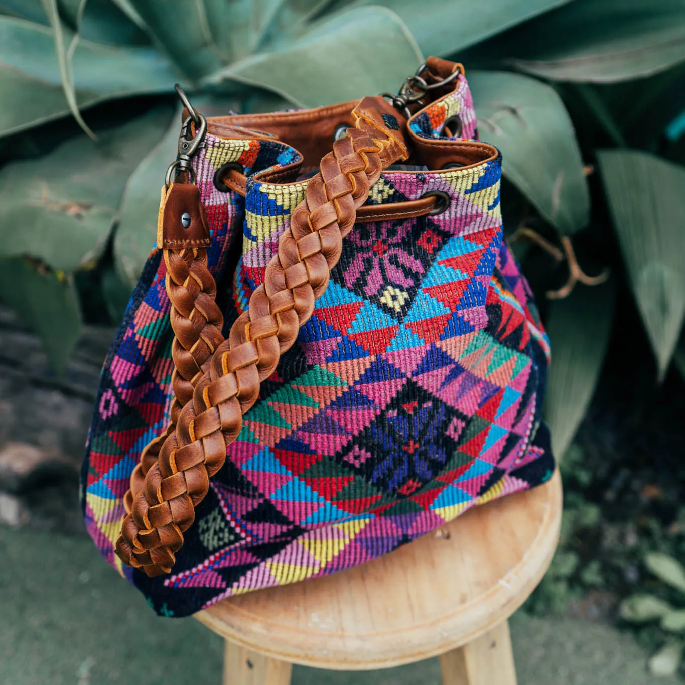 DRAWSTRING BUCKET BAG - OOAK HUIPIL - CAFE - NO. 15693