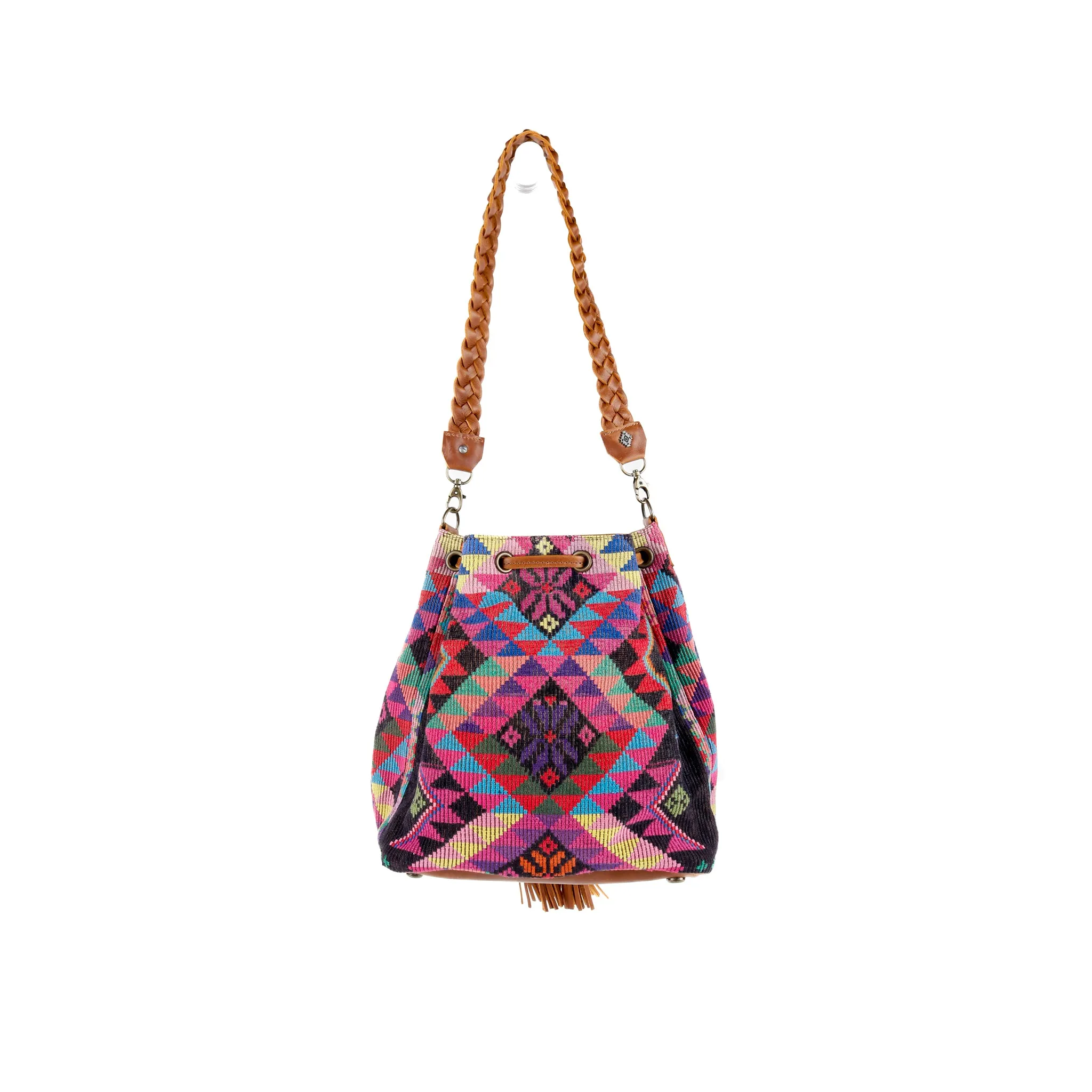 DRAWSTRING BUCKET BAG - OOAK HUIPIL - CAFE - NO. 15693