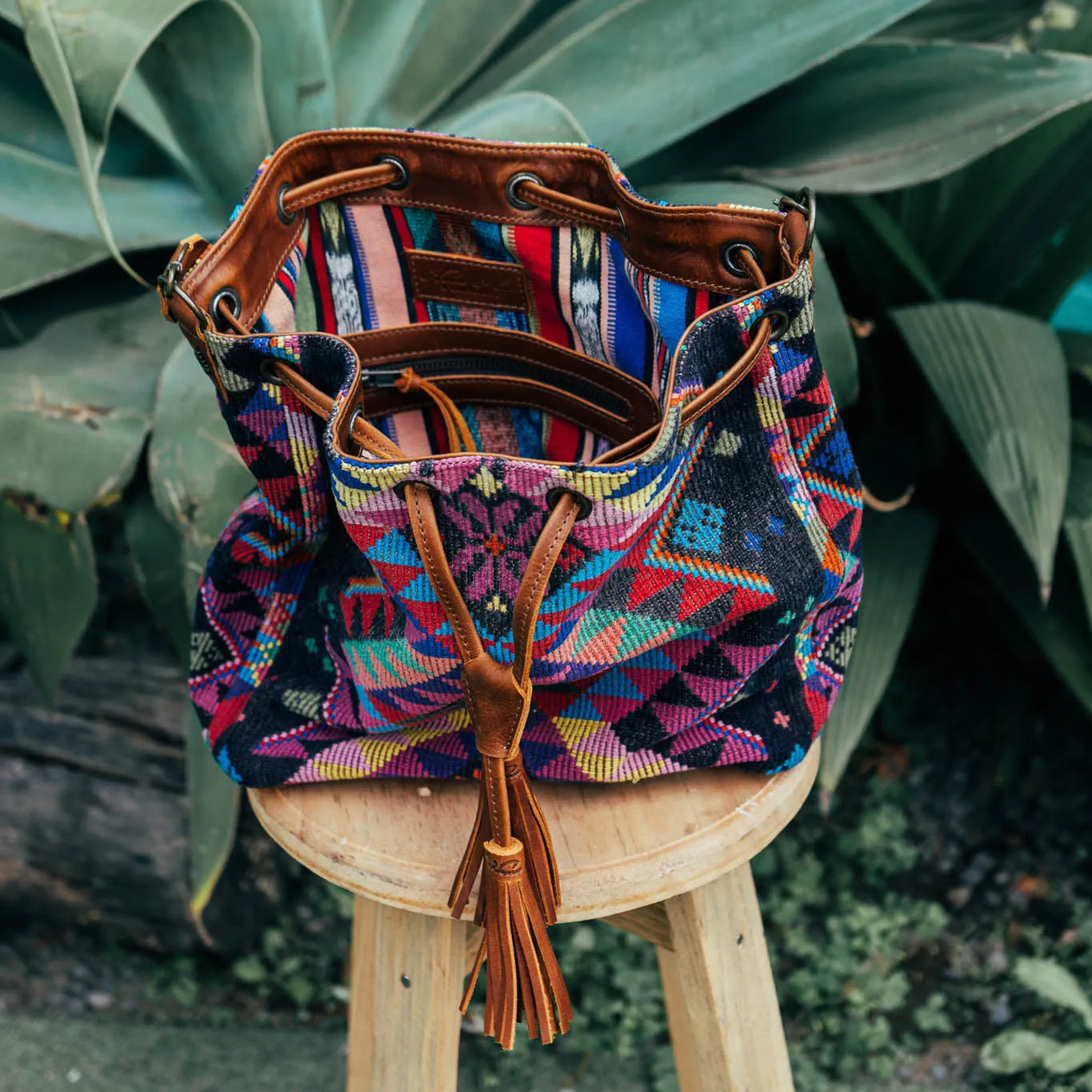 DRAWSTRING BUCKET BAG - OOAK HUIPIL - CAFE - NO. 15693