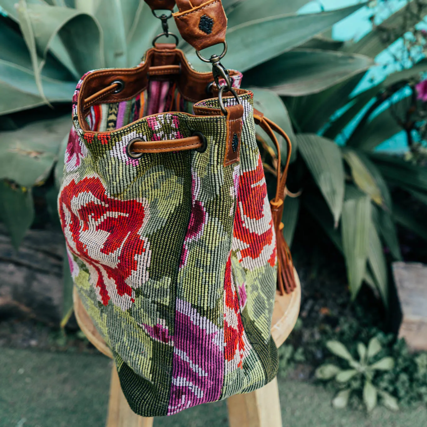 DRAWSTRING BUCKET BAG - OOAK HUIPIL - CAFE - NO. 15694