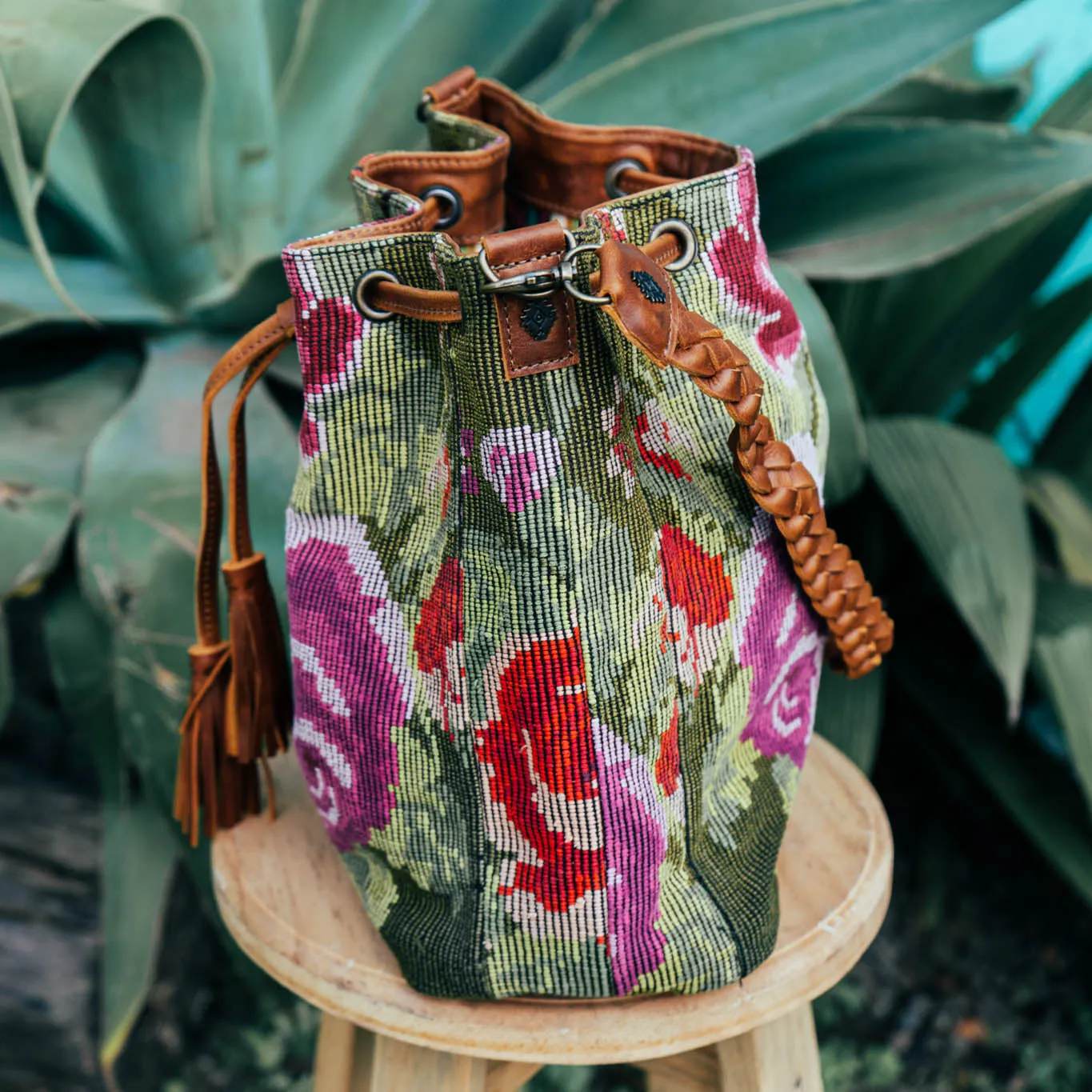 DRAWSTRING BUCKET BAG - OOAK HUIPIL - CAFE - NO. 15694