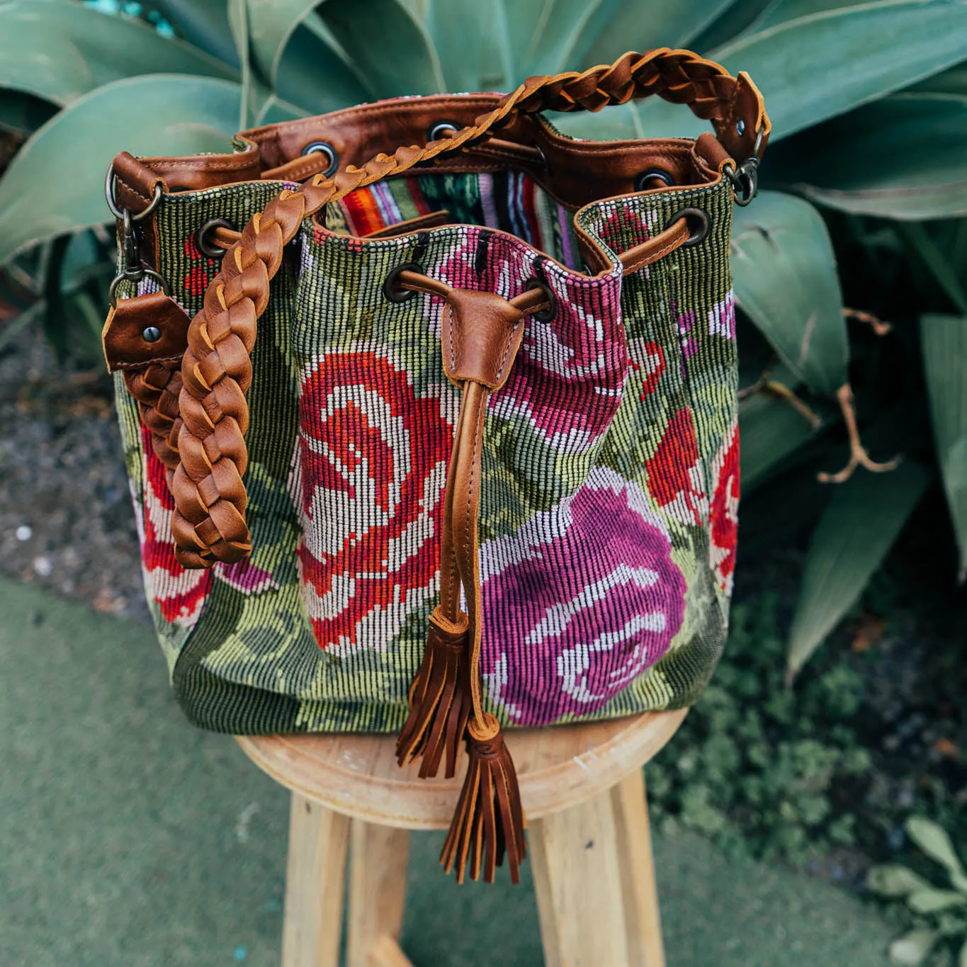DRAWSTRING BUCKET BAG - OOAK HUIPIL - CAFE - NO. 15694