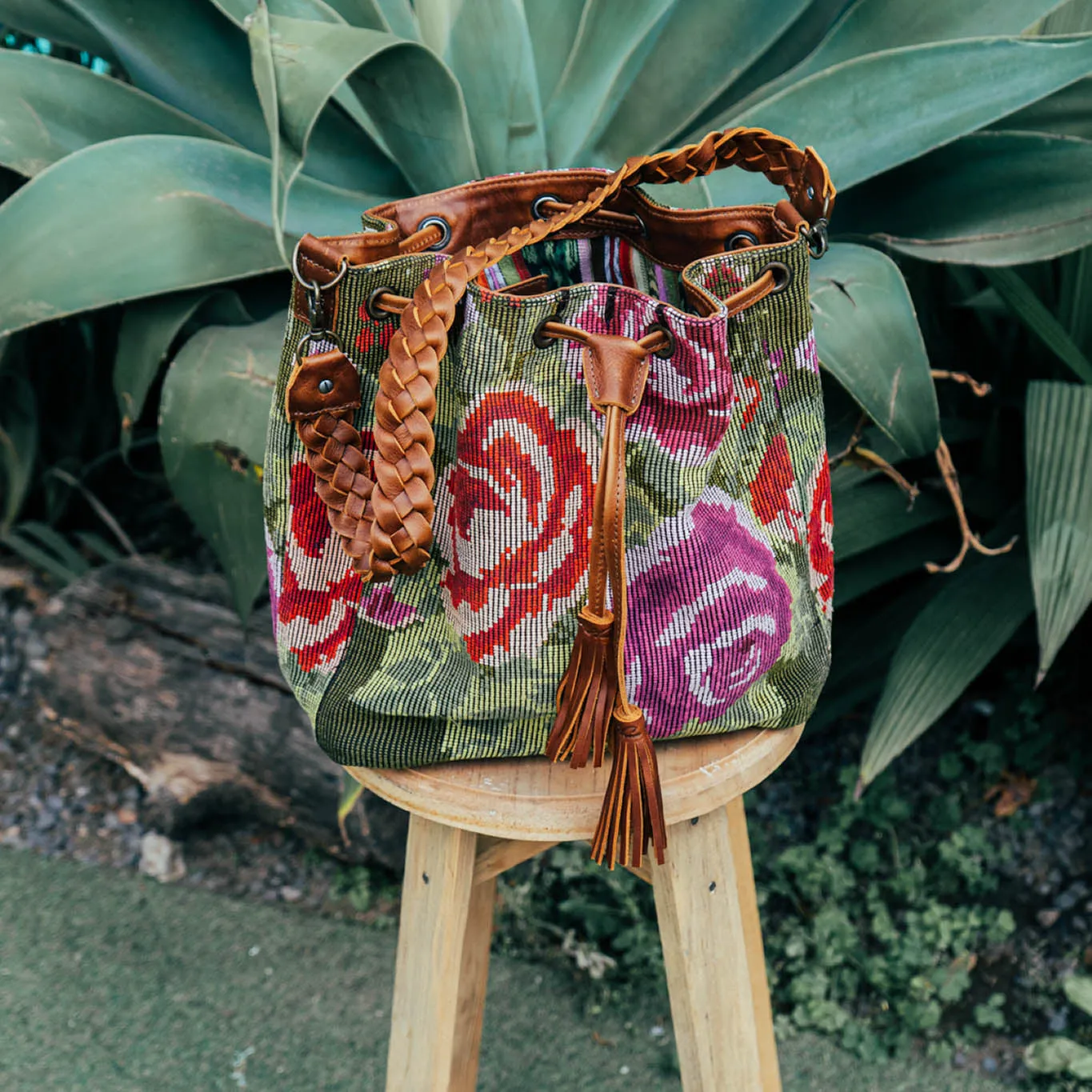 DRAWSTRING BUCKET BAG - OOAK HUIPIL - CAFE - NO. 15694
