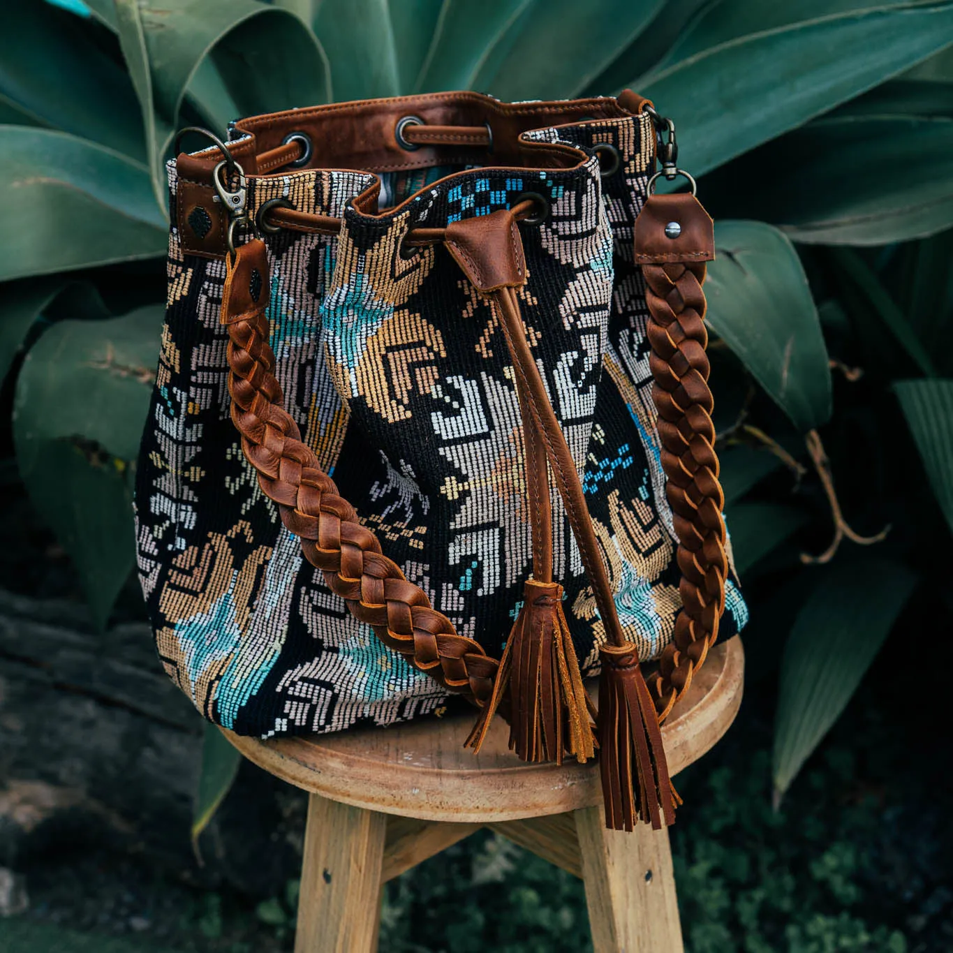 DRAWSTRING BUCKET BAG - OOAK HUIPIL - CAFE - NO. 15695