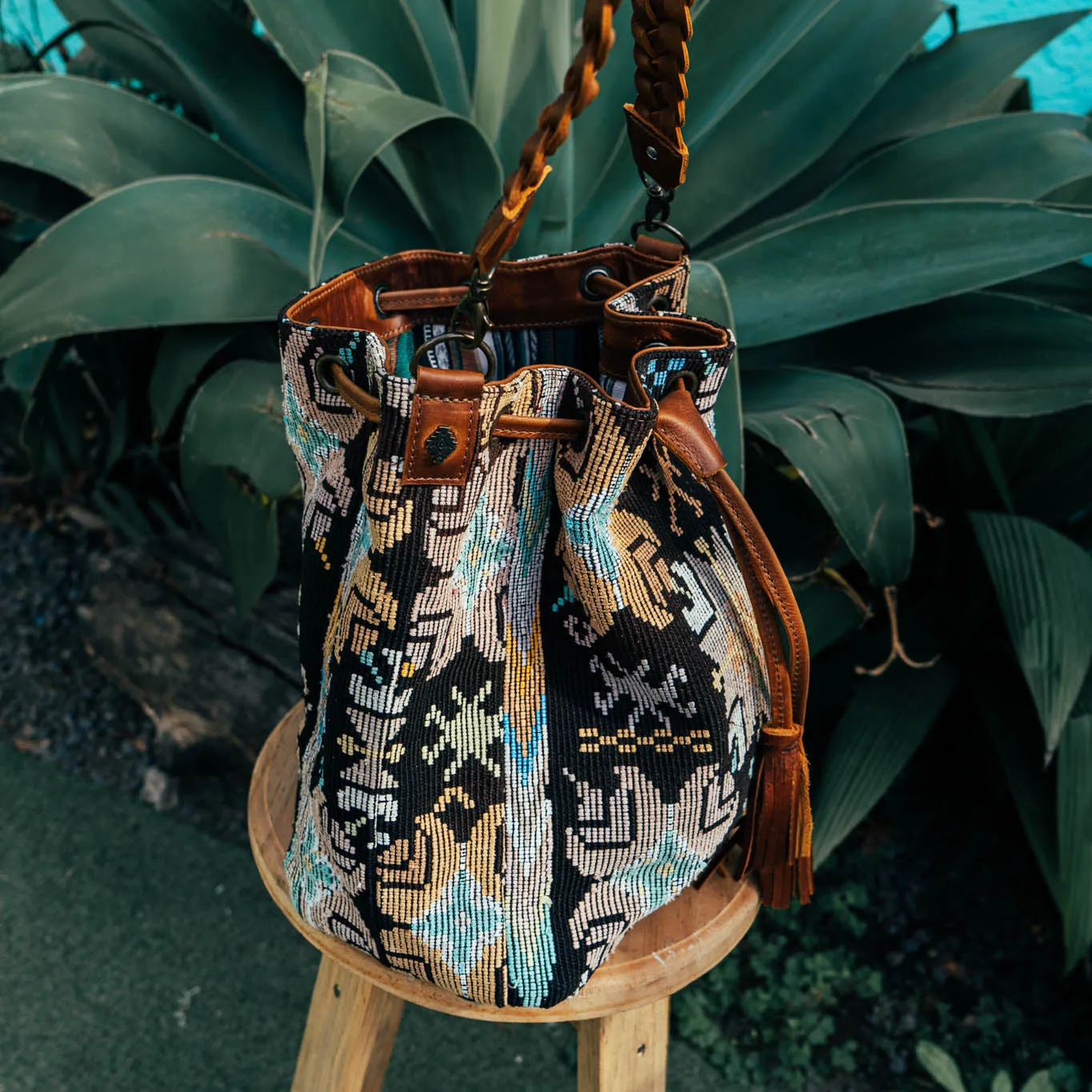 DRAWSTRING BUCKET BAG - OOAK HUIPIL - CAFE - NO. 15695