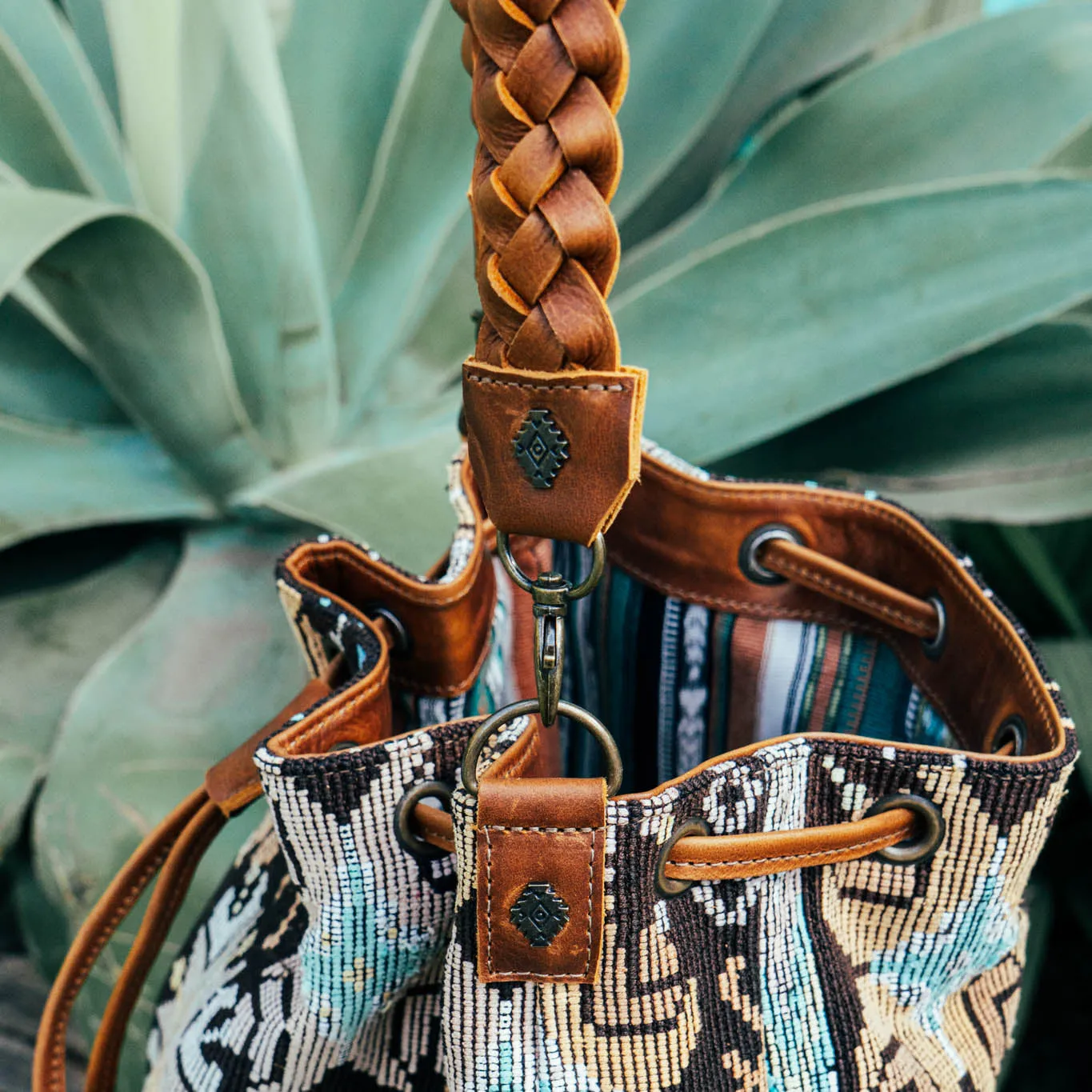 DRAWSTRING BUCKET BAG - OOAK HUIPIL - CAFE - NO. 15695