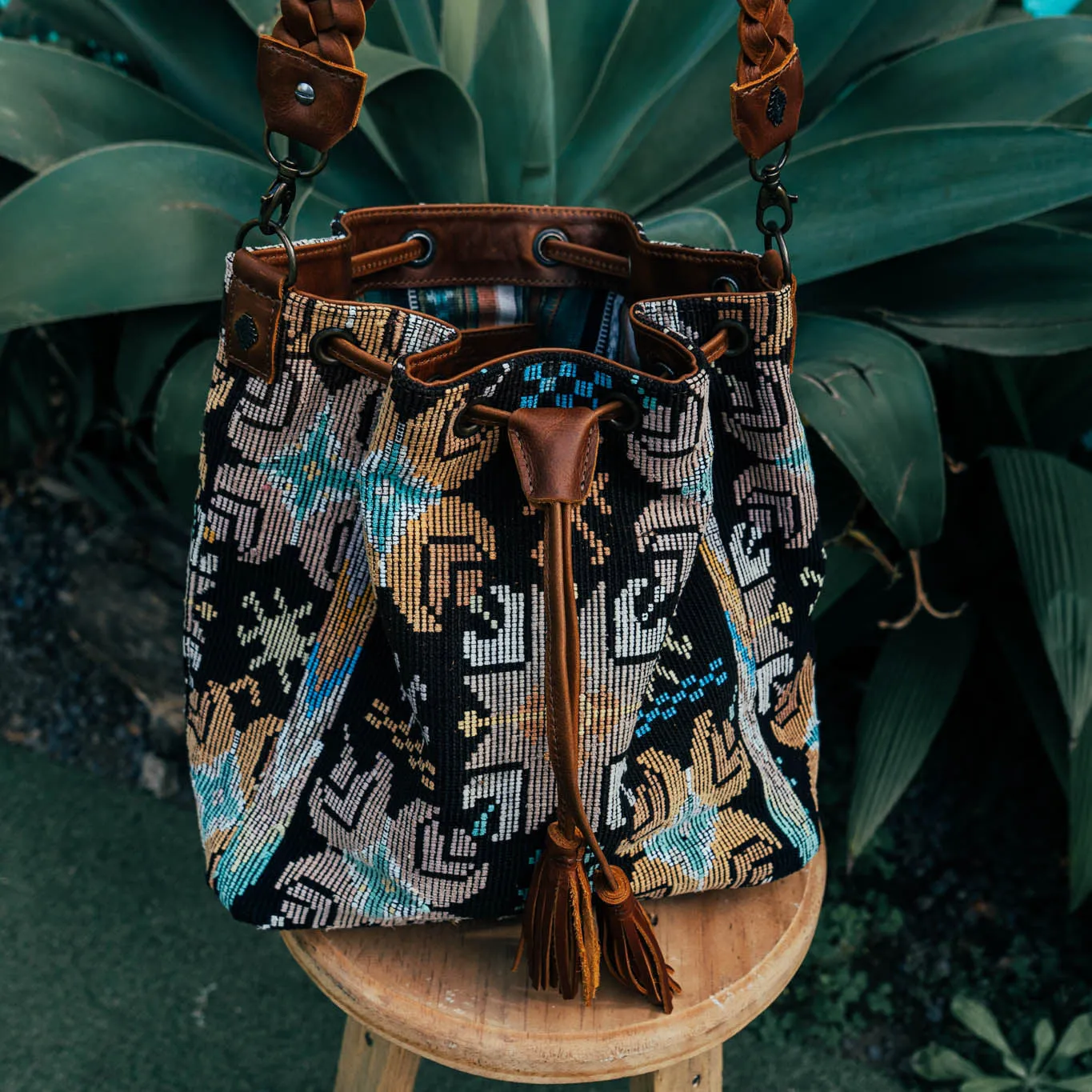 DRAWSTRING BUCKET BAG - OOAK HUIPIL - CAFE - NO. 15695