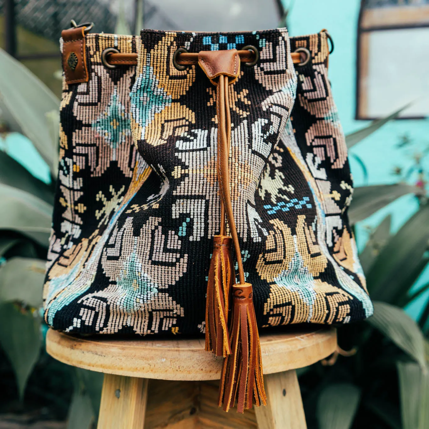 DRAWSTRING BUCKET BAG - OOAK HUIPIL - CAFE - NO. 15695