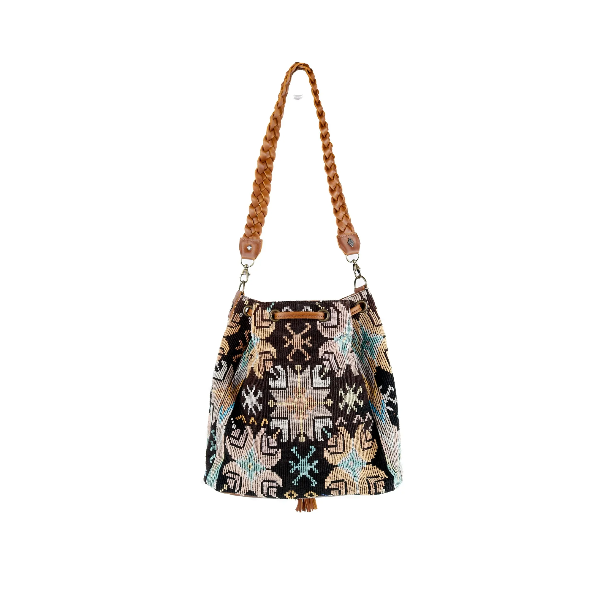 DRAWSTRING BUCKET BAG - OOAK HUIPIL - CAFE - NO. 15695