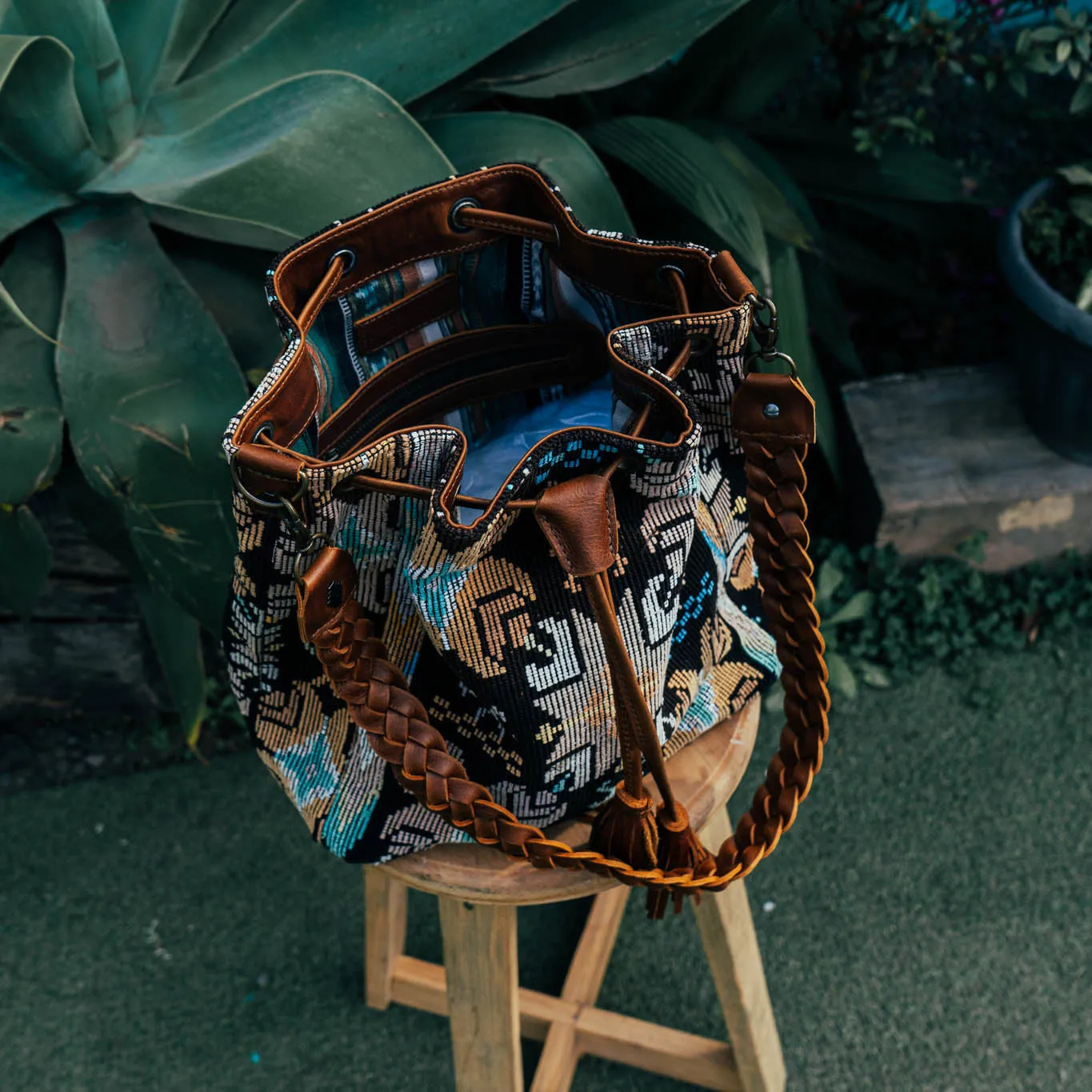 DRAWSTRING BUCKET BAG - OOAK HUIPIL - CAFE - NO. 15695