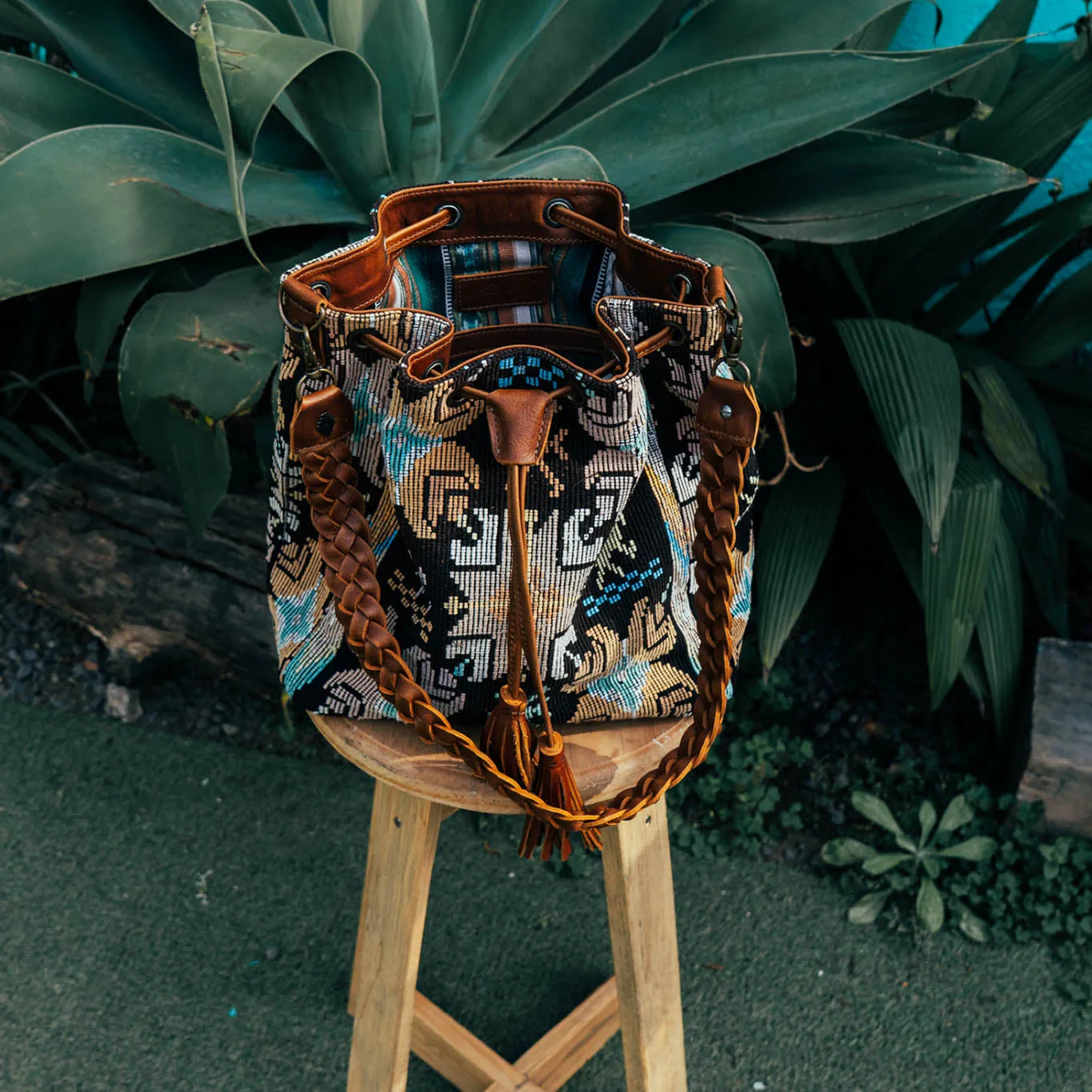 DRAWSTRING BUCKET BAG - OOAK HUIPIL - CAFE - NO. 15695