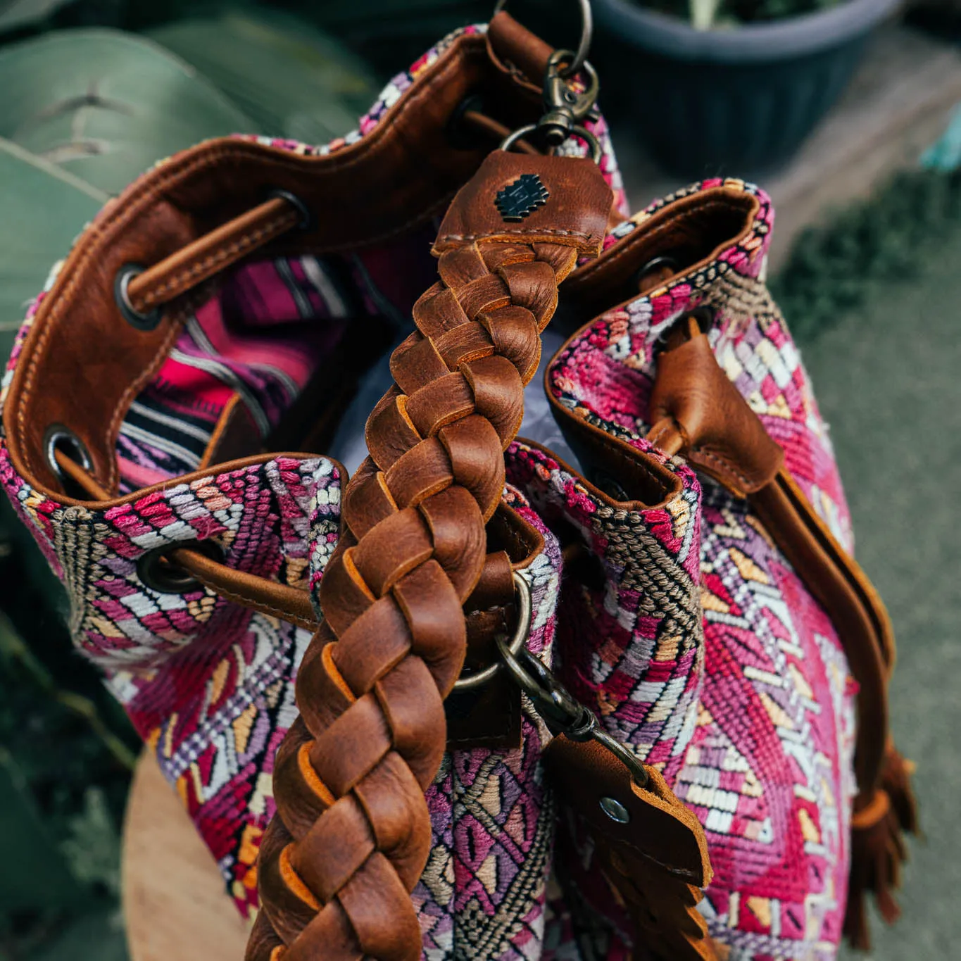 DRAWSTRING BUCKET BAG - OOAK HUIPIL - CAFE - NO. 15696