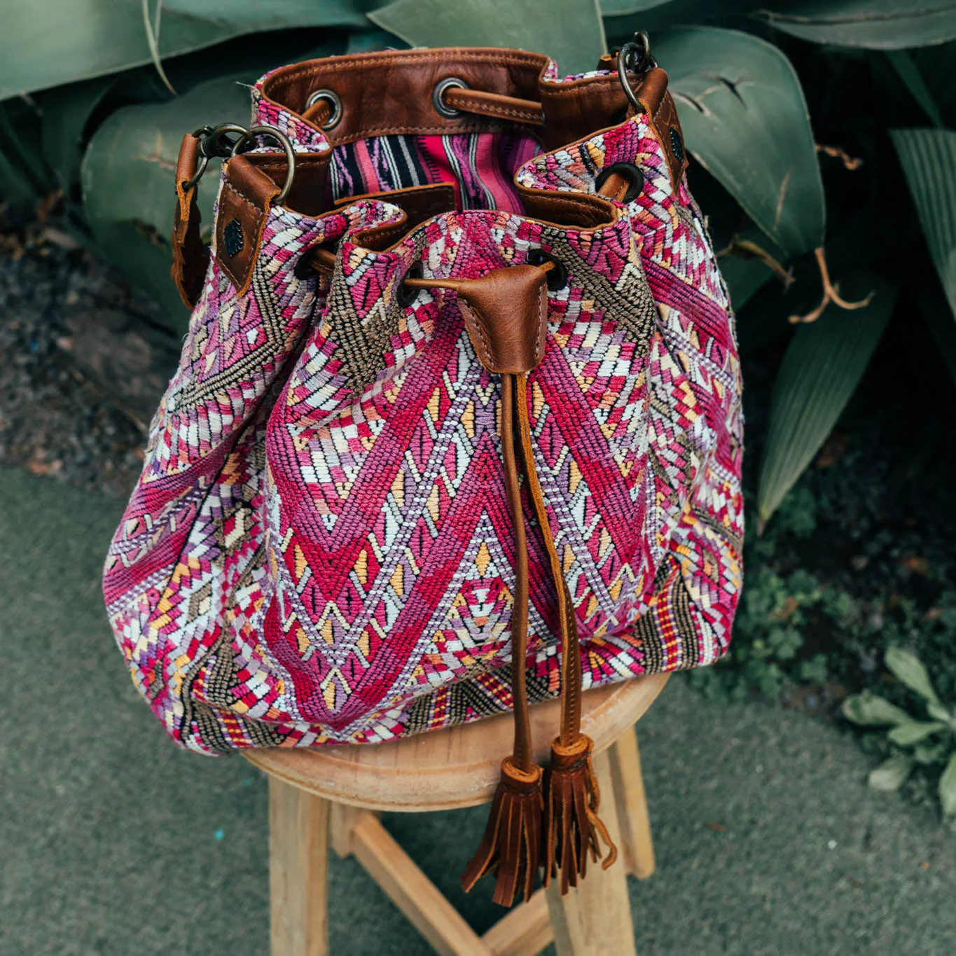 DRAWSTRING BUCKET BAG - OOAK HUIPIL - CAFE - NO. 15696