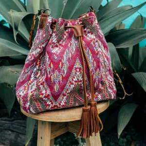 DRAWSTRING BUCKET BAG - OOAK HUIPIL - CAFE - NO. 15696