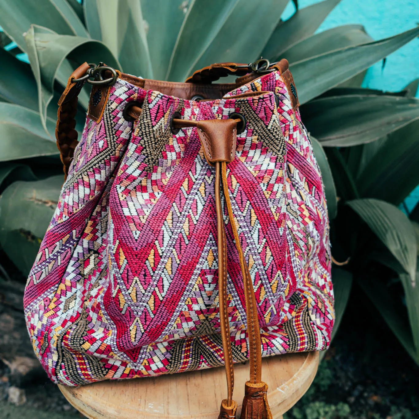 DRAWSTRING BUCKET BAG - OOAK HUIPIL - CAFE - NO. 15696