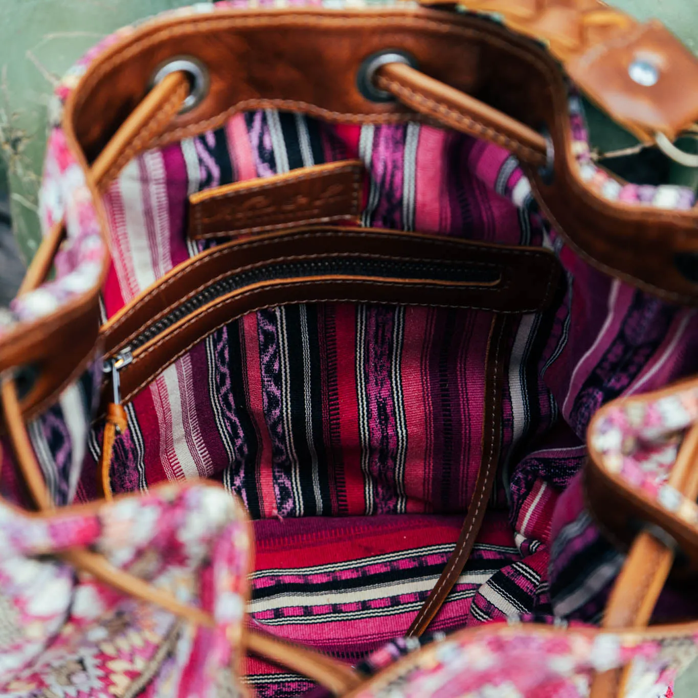 DRAWSTRING BUCKET BAG - OOAK HUIPIL - CAFE - NO. 15696