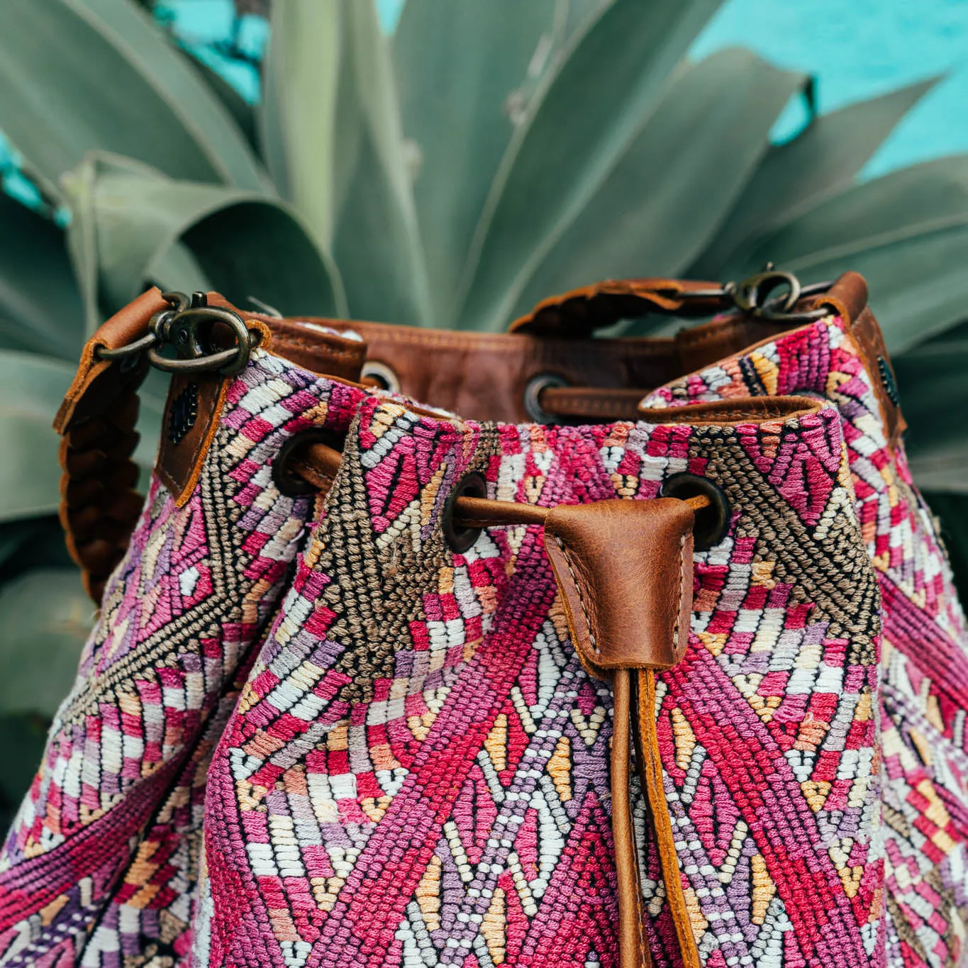 DRAWSTRING BUCKET BAG - OOAK HUIPIL - CAFE - NO. 15696