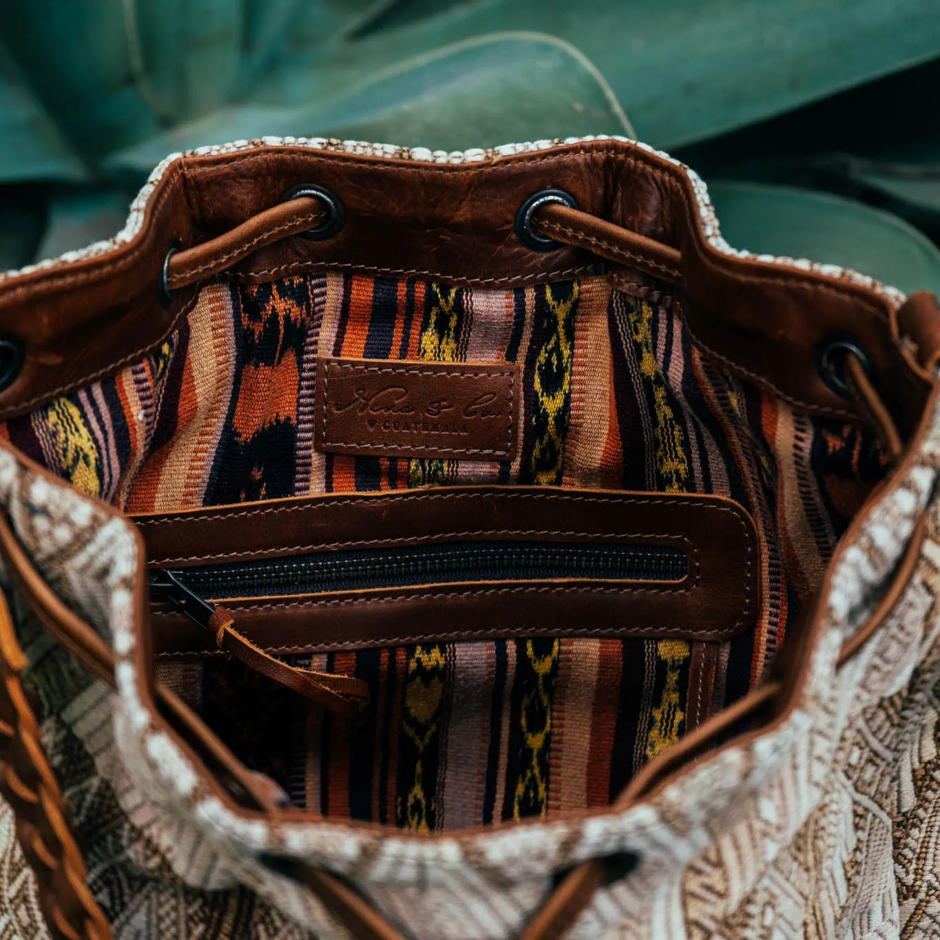 DRAWSTRING BUCKET BAG - OOAK HUIPIL - CAFE - NO. 15697