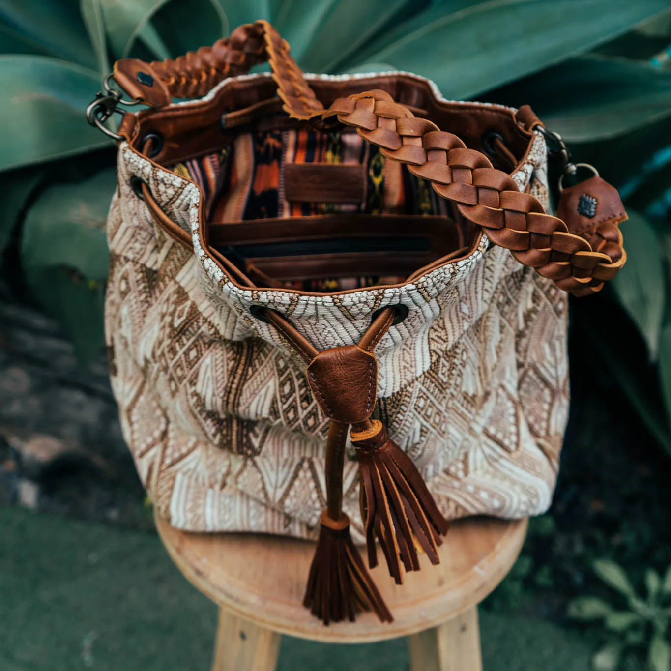 DRAWSTRING BUCKET BAG - OOAK HUIPIL - CAFE - NO. 15697