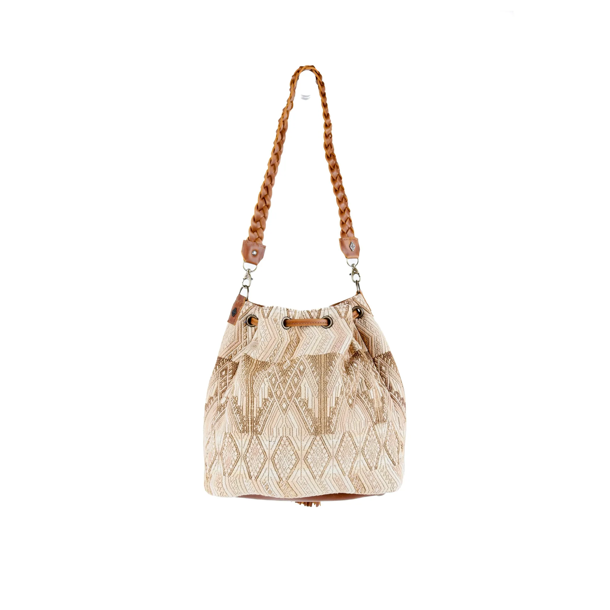 DRAWSTRING BUCKET BAG - OOAK HUIPIL - CAFE - NO. 15697