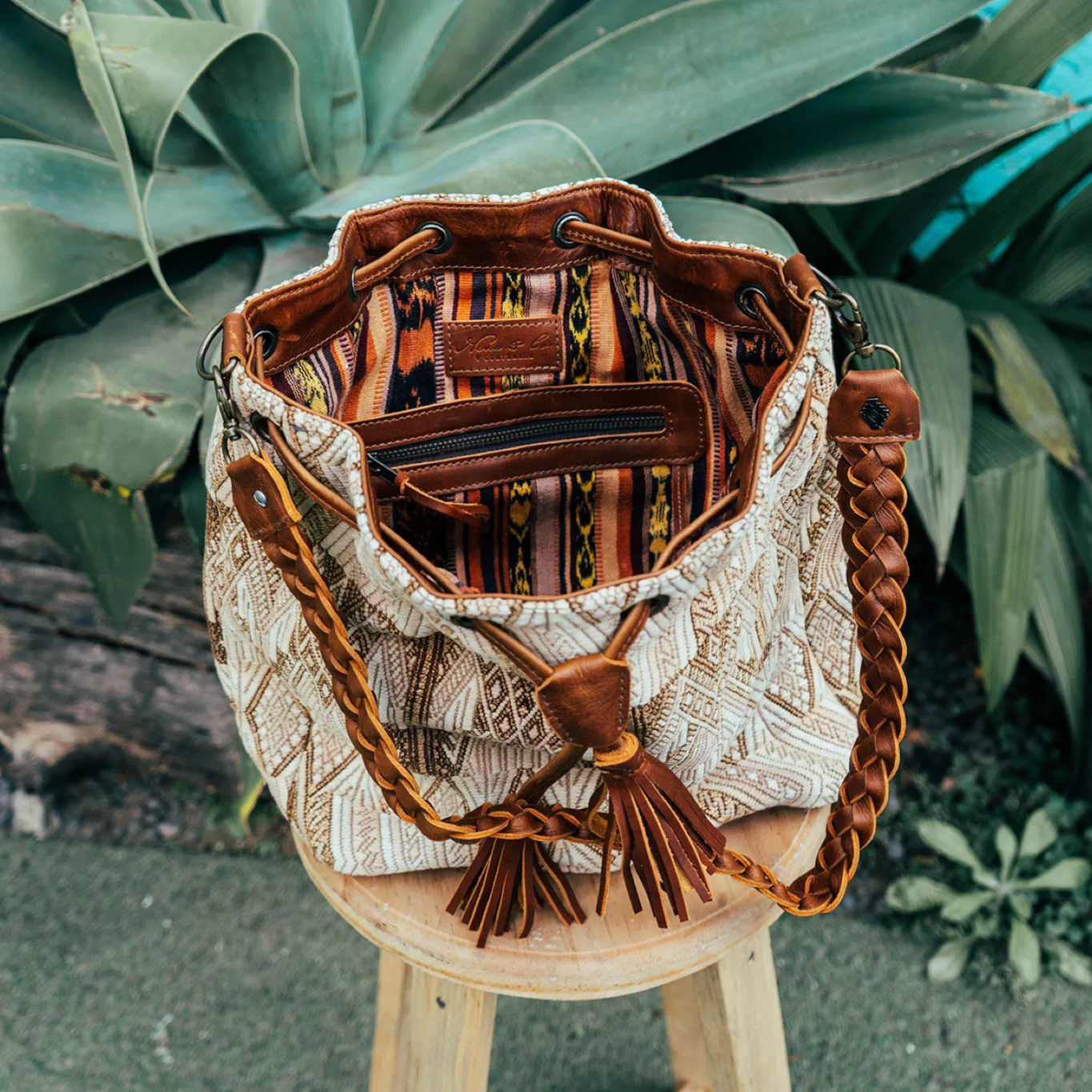 DRAWSTRING BUCKET BAG - OOAK HUIPIL - CAFE - NO. 15697