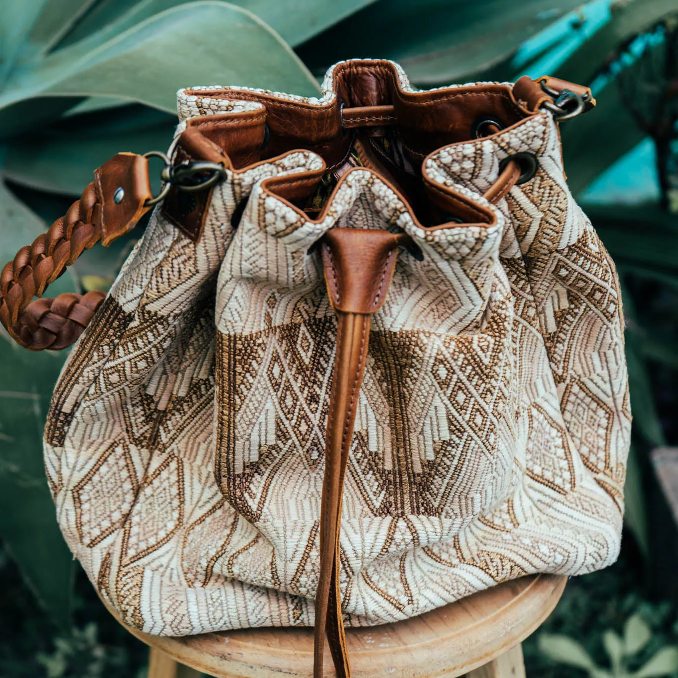 DRAWSTRING BUCKET BAG - OOAK HUIPIL - CAFE - NO. 15697