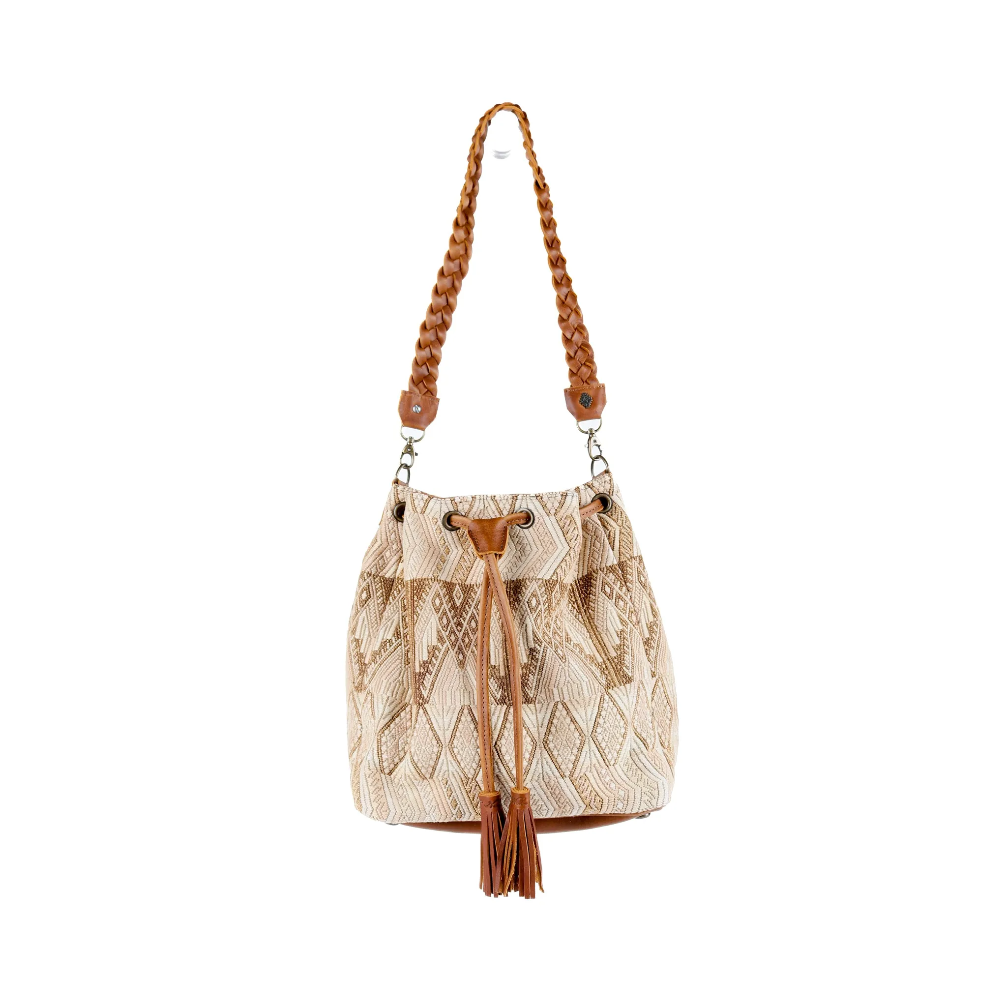 DRAWSTRING BUCKET BAG - OOAK HUIPIL - CAFE - NO. 15697