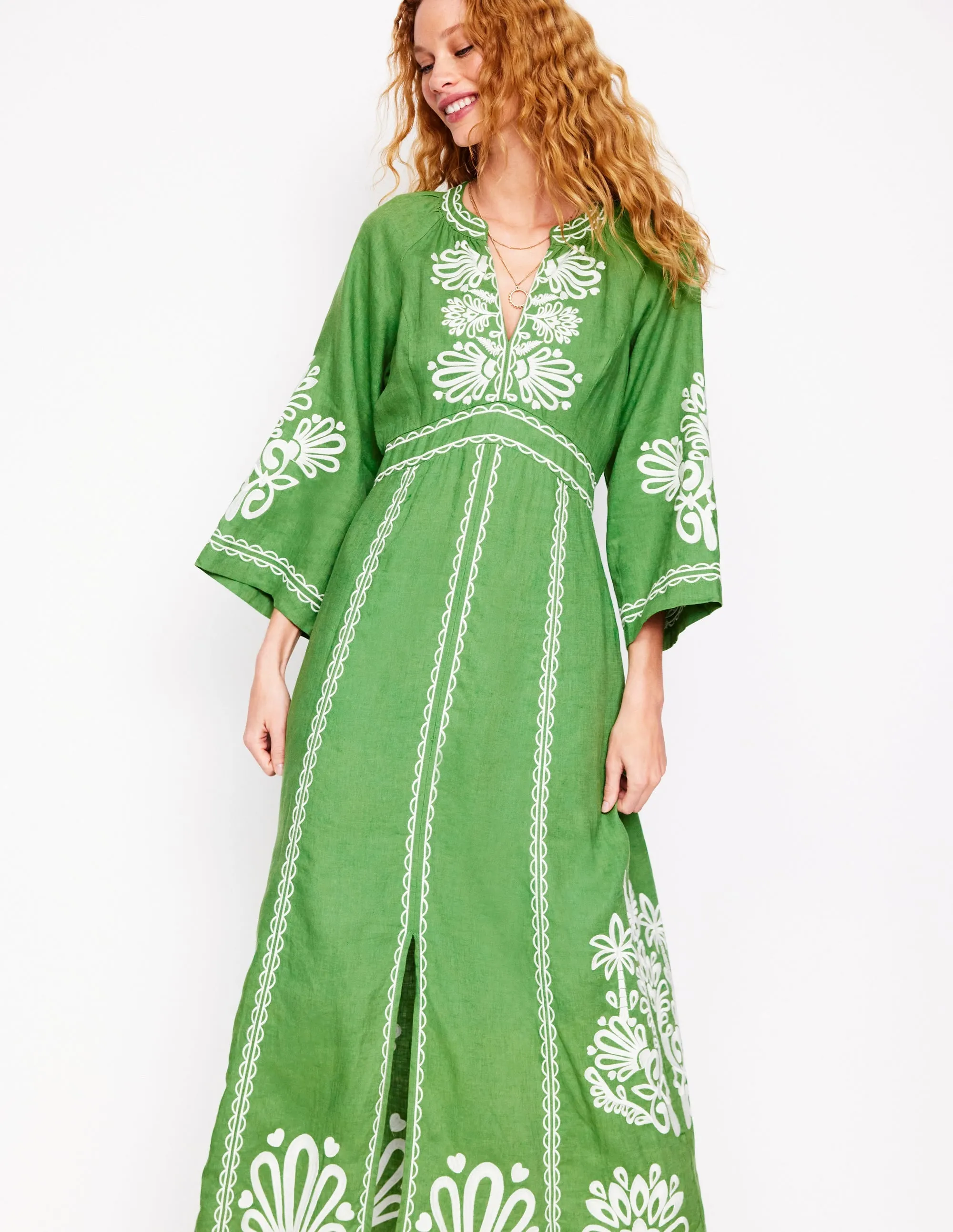 Una Linen Embroidered Dress-Paradise Green