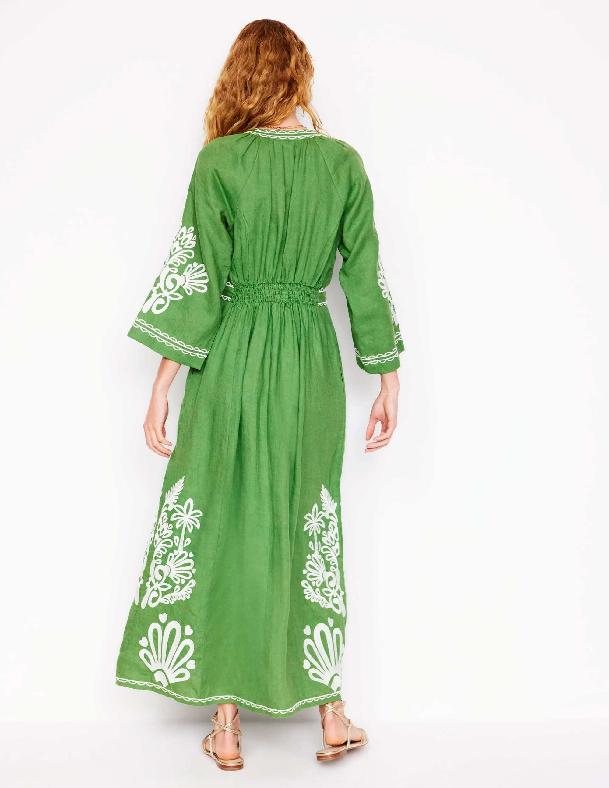 Una Linen Embroidered Dress-Paradise Green