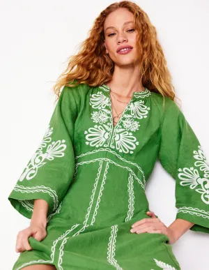 Una Linen Embroidered Dress-Paradise Green