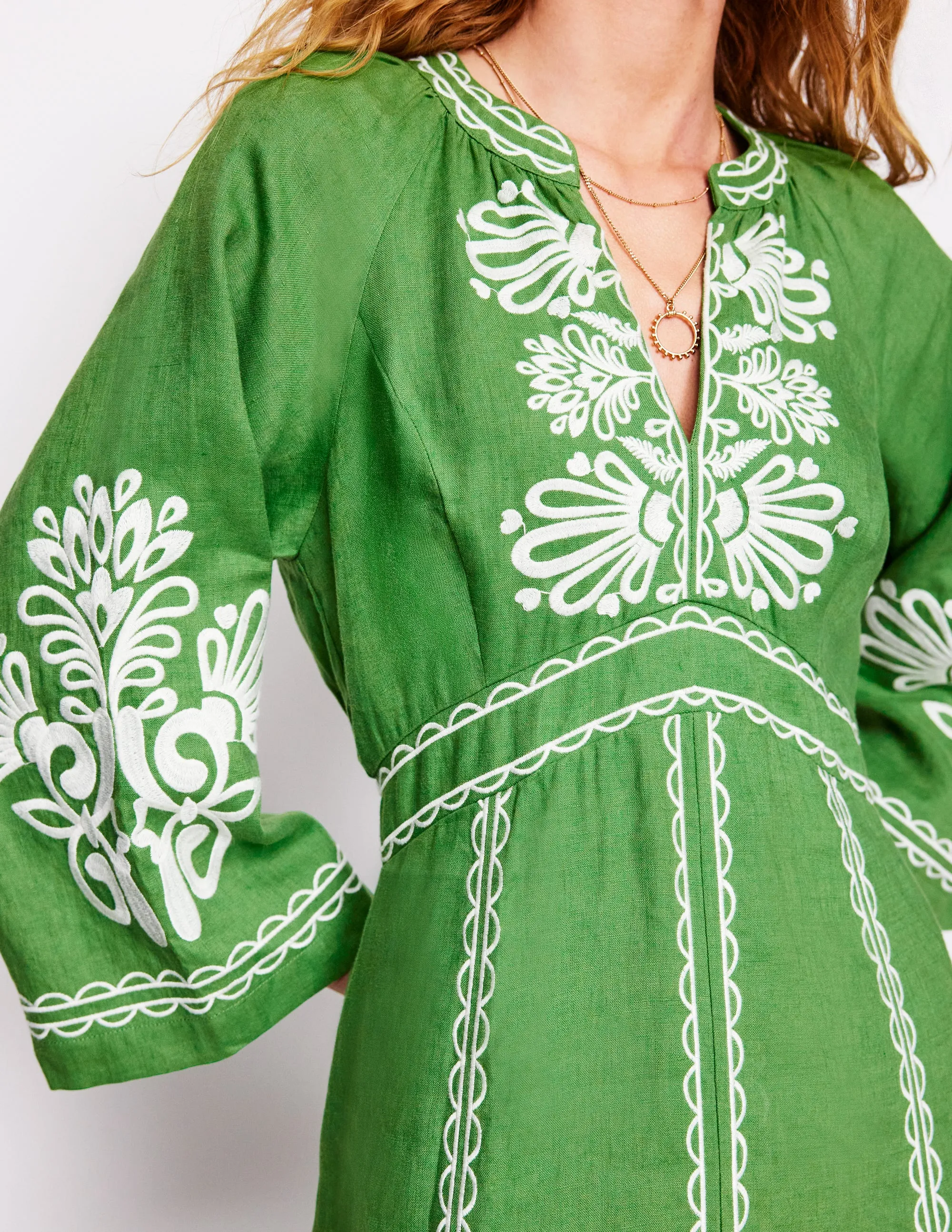 Una Linen Embroidered Dress-Paradise Green